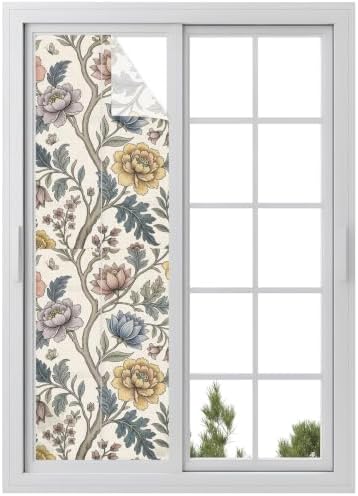 Window Privacy Film Frosted, Vintage Garden Flower Reusable Static Cling Window Tints, Rustic Floral Leaf Pastoral Plants Heat Control Windows Films for Offices, Balcony, 29.5 x 118 Inches by Unknown