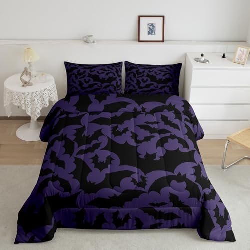 Castle Fairy Halloween Themed Bedding Comforters Queen Size,Black Bats Animal Print Comforter Set with 2 Pillowcases,Dark Purple Color 3pcs Children Adult Duvet Set,Soft - Image 6