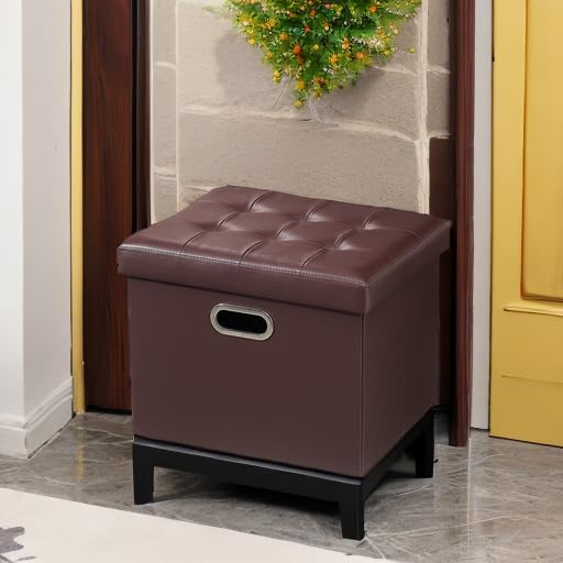 Bsketa Storage Ottoman Bench,17 Inch Folding Leather Foot Rest Stool, Brown - Image 5