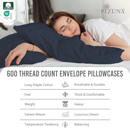 Pizuna 100% Cotton King Size Envelope Pillow Cases 600 TC Dark Blue - Image 2
