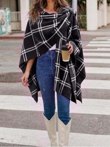 Yousify Women’s Shawl Wrap Plaid Knit Poncho Cape Sweater - Image 2