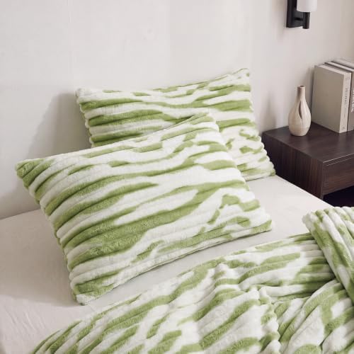Bedorm Faux Fur Pillowcases Set of 2 Standard Size Plush Fluffy Pillow Cover Ivory and Green, Zipper Closure - Image 7