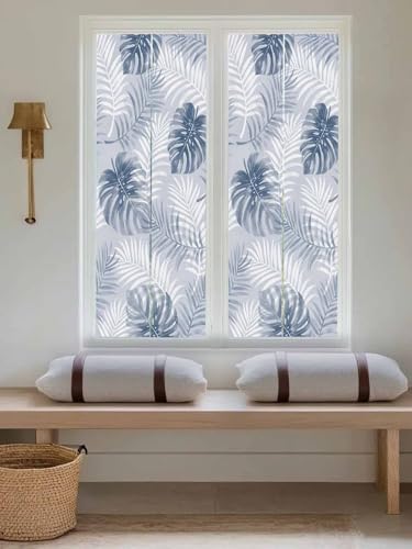 Window Privacy Film Frosted, Navy Blue Palm Trees Tropical Reusable Static Cling Window Tints, Summer Beach Botanical Heat Control Windows Films for Offices, Balcony, 29.5 x 118 Inches - Image 5