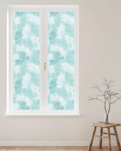 Window Privacy Film Frosted, Teal Blue Botanical Reusable Static Cling Window Tints, Summer Palm Leaves Foliage Tropical Heat Control Windows Films for Offices, Balcony, 29.5 x 118 Inches - Image 2