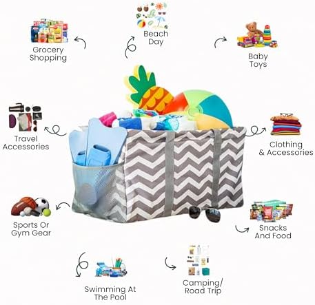 Extra Large Utility Tote Bag - Oversized Collapsible Beach Bag - Chevron Gray - Image 4