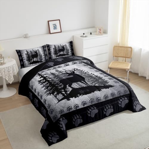 Rustic Deer Kids Comforter Set Queen Size,Wild Animal Bear Paw Print Bedding Set Hunting Cabin Decor Quilt Set for Adult Bedroom,Pine Trees Grid Plaid Polyetser Bed Duvet Insert, 2 Pillowcases - Image 3