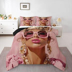 Erosebridal Pink Black Girls King Comforter Set Luxury African American Bedding Set for Girls Women Modern Fashion Woman Room Decor Afro Black Woman Duvet Insert (1 Comforter, 2 Pillowcases) by Erosebridal