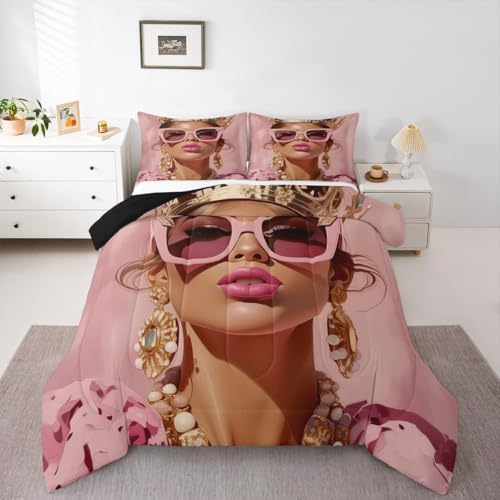 Erosebridal Pink Black Girls King Comforter Set Luxury African American Bedding Set for Girls Women Modern Fashion Woman Room Decor Afro Black Woman Duvet Insert (1 Comforter, 2 Pillowcases) by Erosebridal