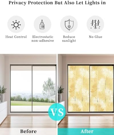 Window Privacy Film Frosted, Yellow Botanical Static Cling Door Window Covering, Summer Palm Leaves Foliage Tropical UV Blocking Windows Film for Office, Hotel, Bedroom, 29.5 x 78.7 Inches - Image 6