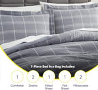 7 Piece Comforter Set Bag Solid Color All Season Soft Down Alternative Blanket & Luxurious Microfiber Bed Sheets, King, Gray Plaid - Image 6