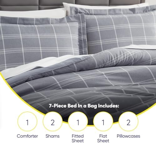 7 Piece Comforter Set Bag Solid Color All Season Soft Down Alternative Blanket & Luxurious Microfiber Bed Sheets, King, Gray Plaid - Image 6