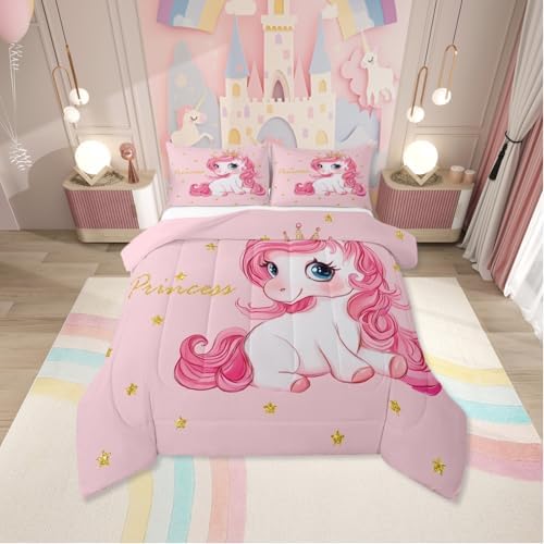 Erosebridal Pink Unicorn Toddler Bed Comforter Set for Girls | Kawaii Princess Unicorn Bedding Set Cute Stars Reversible Bed Sets Girly Cartoon Horse Quilt Comforter Fantasy Girls Room Decor,2 Pcs by Erosebridal