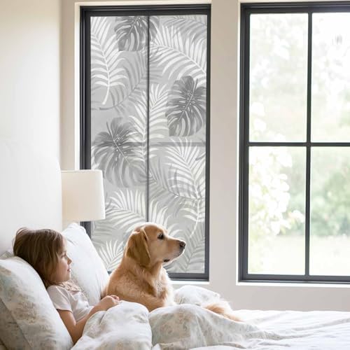 Window Privacy Film Frosted, Grey Palm Trees Tropical Static Cling Door Window Covering, Summer Beach Botanical UV Blocking Windows Film for Office, Hotel, Bedroom, 29.5 x 78.7 Inches - Image 2