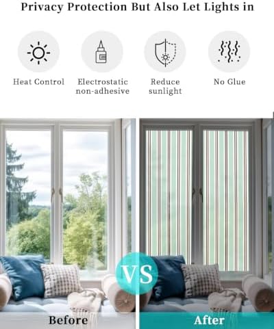 Window Privacy Film Frosted, Light Green Brown Striped Reusable Static Cling Window Tints, Modern Farmhouse Vertical Stripes Heat Control Windows Films for Offices, Balcony, 29.5 x 118 Inches - Image 6