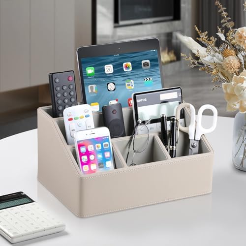 PU Leather Desk Organizer, Remote Control Holder, Dark Beige - Image 2