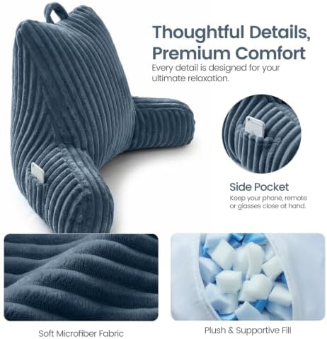 Reading Pillow for Sitting up in Bed, Adjustable Memory Foam Bed Rest Pillow, Wide-wale Plush Cover Machine Washable, Neck Back and Lumbar Support Pillow-Blue - Image 4