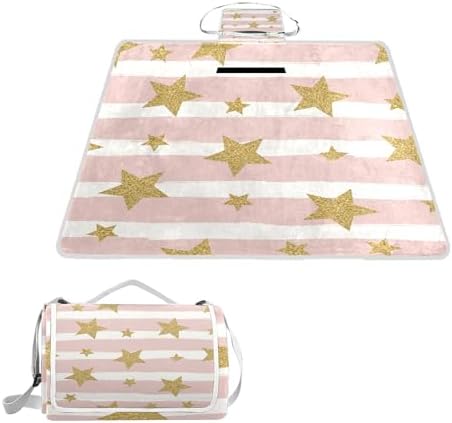 MNSRUU Picnic Blanket Waterproof Foldable, Gold Glittering Stars Large Outdoor Picnic Beach Camping Blanket Travel Mat, Shoulder Strap Tote, Rectangle 57x59in by MNSRUU