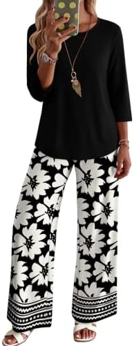 WIHOLL Two Piece Sets for Women Lounge 3/4 Length Sleeve Womens Tops Graphic Pants with Pockets Summer Outfits 2026 by WIHOLL