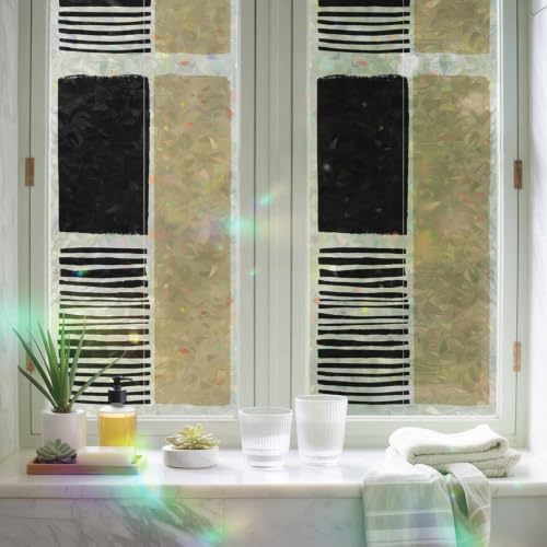 Beige Window Privacy Film Rainbow Static Cling Stain Glass Window Film for Glass Door, Decorative Heat Blocking Sunroof Decal Sticker for Car Home 29.5"x118" Modern Abstract Art Farmhouse Striped - Image 6