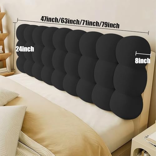 Upholstered Headboard Queen Bed Large Bolster Headboard Pillow with with Wooden Board Resting Back Support Cushion for Sitting in Bed, Snowball Foldable Backrest for Bedroom Daybed, Black 63x24x8 Inch - Image 2