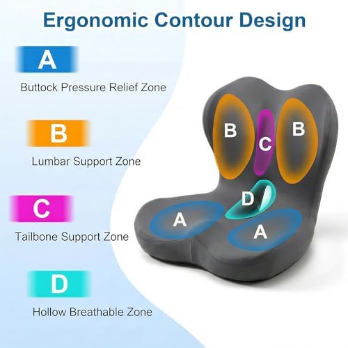 Car Seat Cushion with Back Support for Driving, Ergonomic Support Relief Pad for Auto/Truck/Office, Hollow Ventilation, Anti-Slip Driver Seat Cushion, Washable Cover, 18.1"x17"(Grey) - Image 4