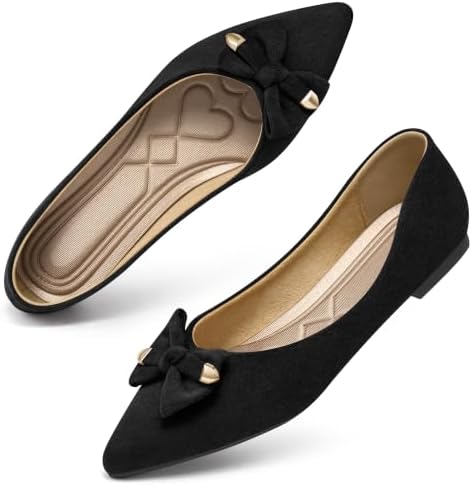 Flats for Women Ballet Shoes: Cushioned Memory Foam Insole & Lightweight for All-Day Comfort - Slip-On Suede Foldable Pointed Toe Bow Casual Dressy Flat for Work Office Business by Zorfe