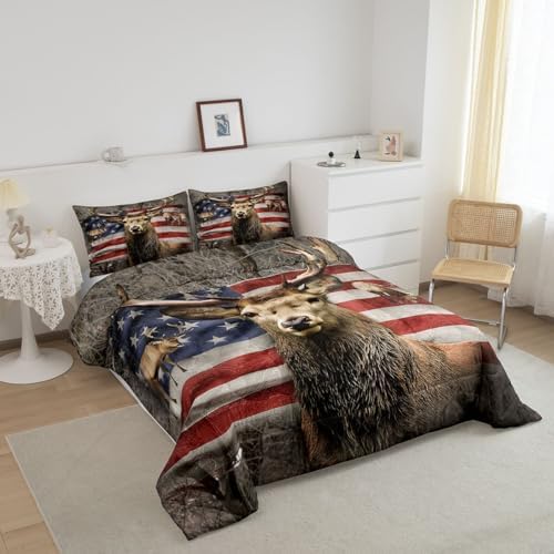 American Flag Deer Comforter Set Twin Size, Kids Boys Room Decor Brown Wildlife Animal and Trees Theme Bedding Comforters, Colorful USA Flag Print Natural Duvet Set with 1 Pillowcase, Soft - Image 6