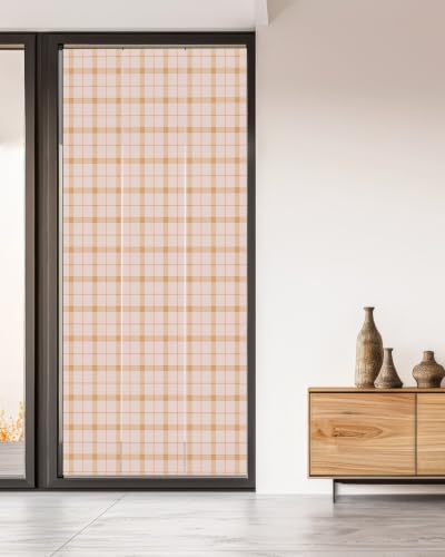 Window Privacy Film Frosted, Cream Buffalo Plaid Non-Adhesive Static Cling Window Tint, Modern Farmhouse Peach Pink Checkered Insulated Windows Frosted Films for Living Room, 35.4 x 78.7 Inches - Image 5