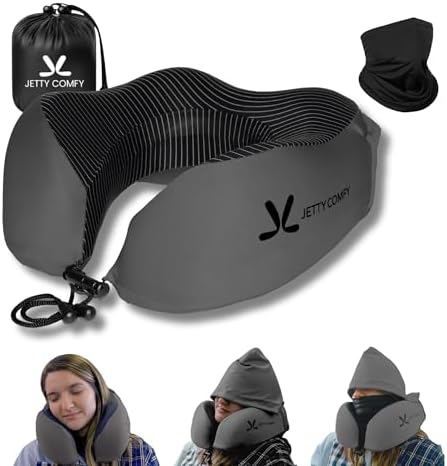 Premium Memory Foam Travel Neck Pillow with Hood and Face Cover for Privacy - Ergonomic Design for Sleeping on Plane, Bus, Train, Office (Dark Gray) by Unknown