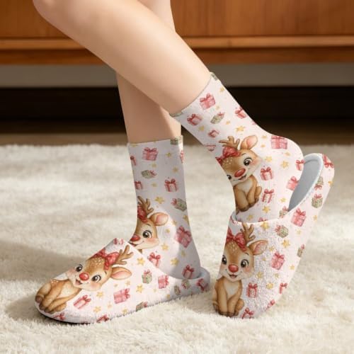 Jeiento Winter Fuzzy Slipper and Crew Socks Warm Winter Shoes Lightweight Soft Cushion House Slipper Bedroom Shoes - Image 2