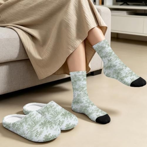 Toile de Jouy Fuzzy Slipper with Socks for Women Cozy Slipper Indoor - Image 4