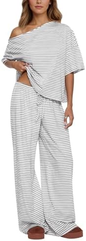 Ythomm Striped Pajama Sets Womens Two Piece Lounge Outfits Short Sleeve Off Shoulder Shirts Drawstring Pants Matching Pj Sets by Ythomm