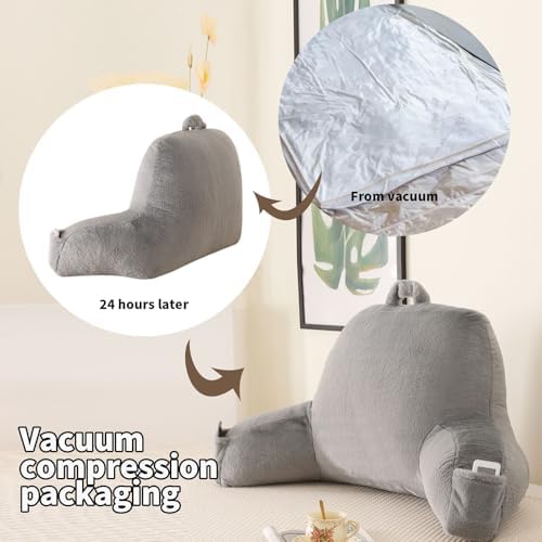 Soft Reading Pillow for Bed with Arms,Middle,Gray,Faux Fur - Image 4
