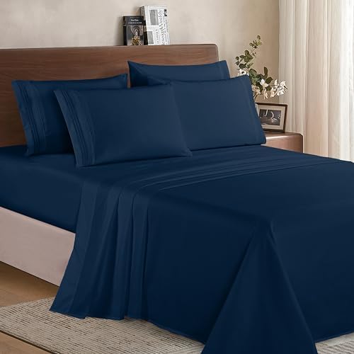 Elegant Comfort Luxury Soft 1500 Premium Hotel Quality Microfiber Wrinkle and Fade Resistant Cozy 6-Piece Bedding Set, Easy All Around Elastic Fitted Sheet, Deep Pocket, King, Navy Blue - Image 2