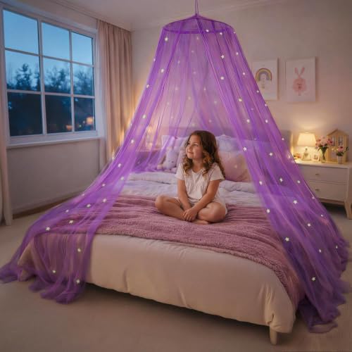 Bollepo Purple Bed Canopy for Girls with Glowing Stars - Princess Netting Room Decor, Ceiling Tent to Cover Toddler | Single, Twin, Full, Queen Size Kids Bed, Fire Retardant Fabric by Bollepo