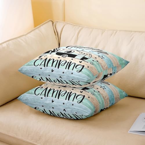 Feelyou Teal Happy Camping Throw Pillow Covers 16"x16" Set of 4 Kids Camper Decorative Pillow Case Pillowcase Gifts for RV Owners Rustic Farmhouse Style Cushion Case RV Camping Outdoor Pillows Covers - Image 4