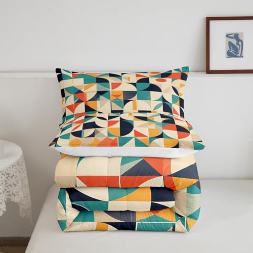 Erosebridal Teal Orange Geometric Toddler Bedding Set,Retro Abstract Aesthetic Comforter Set for Kids Room Decor,Colorful Quilt Bed Set Boho Style Down Comforter 2Pcs - Image 5