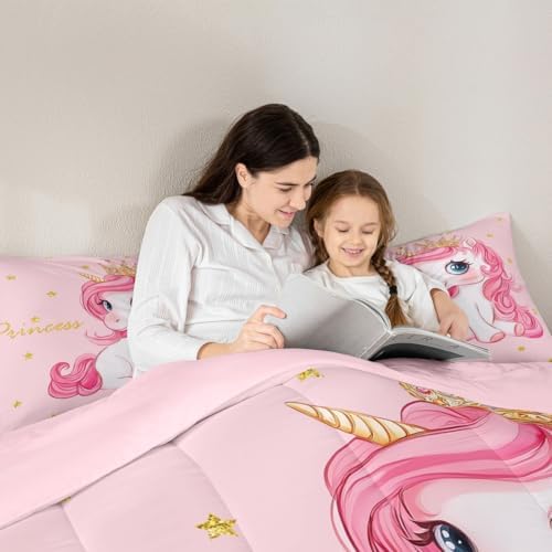 Erosebridal Pink Unicorn Toddler Bed Comforter Set for Girls | Kawaii Princess Unicorn Bedding Set Cute Stars Reversible Bed Sets Girly Cartoon Horse Quilt Comforter Fantasy Girls Room Decor,2 Pcs - Image 6