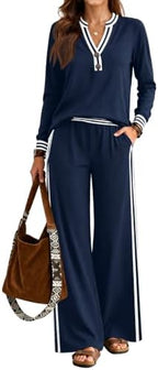 Lounge Sets for Women 2 Piece Outfits Henley Tops High Waisted Pants Set by ETCYYNEW