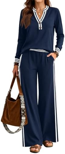 Lounge Sets for Women 2 Piece Outfits Henley Tops High Waisted Pants Set by ETCYYNEW