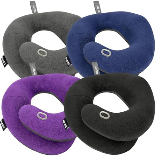 BCOZZY Travel Neck Pillow 4-Pack Large Size- Navy, Gray, Black & Purple - Adult Travel Pillow Bundle for Long Flights by BCOZZY