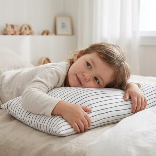 Makemake Organics Organic Toddler Pillowcase (Set of 2) GOTS Certified Organic Cotton Toddler Boy Pillowcase Safer Breathable Fits 13x18 Toddler Travel Pillows (Navy Blue Stripes, 14x19) - Image 2