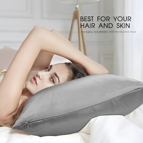 100% Mulberry Silk Zippered Bed Pillowcase for Hair and Skin,Zip Up Real Silk Large Pillow Case,19 Momme Grade 6A,1pc,Silver Grey,Super King Size 20x36 Inches - Image 3