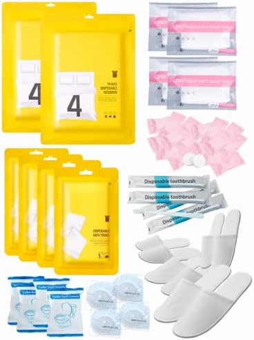 Extguds Disposable Travel Set : Bed Sheet×2+Duvet Cover×2+Pillow case×4+Bath Towels×4+Shower Caps×4+Plastic Bathtub Bag×4+Toilet Seat Covers×4+Compression face Towel×16+Toothbrushes×4+Slippers×4 by Extguds