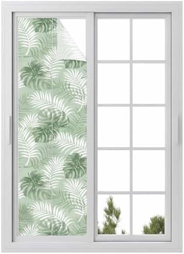 Window Privacy Film Frosted, Sage Green Palm Trees Tropical Reusable Static Cling Window Tints, Summer Beach Botanical Heat Control Windows Films for Offices, Balcony, 29.5 x 118 Inches by Unknown