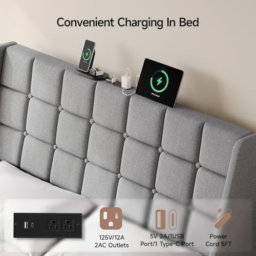 Ergonomic Upholstered Queen Headboard wtih Charging Station, Grey - Image 4