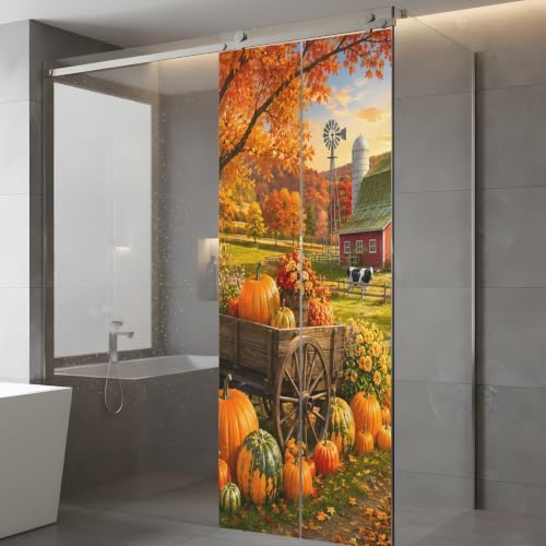Window Privacy Film Frosted, Fall Pumpkins Static Cling Door Window Covering, Thanksgiving Farmhouse Harvest Maple Leaves UV Blocking Windows Film for Office, Hotel, Bedroom, 29.5 x 78.7 Inches - Image 5