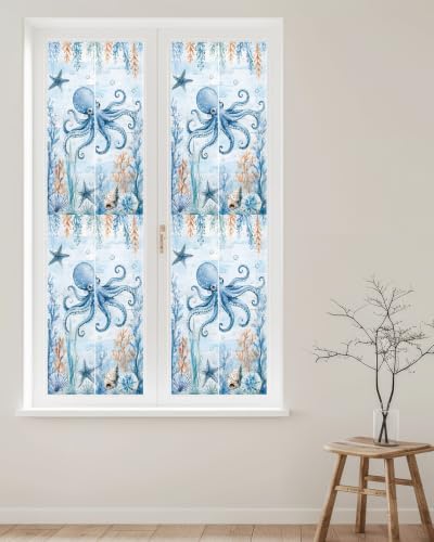 Window Privacy Film Frosted, Coastal Octopus Reusable Static Cling Window Tints, Blue Ocean Coral Summer Beach Seaweed Heat Control Windows Films for Offices, Balcony, 29.5 x 118 Inches - Image 2