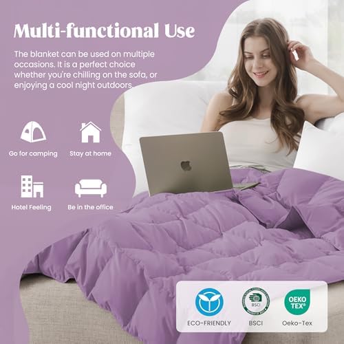 puredown® Soft Feather Down Blanket Lightweight Packable Down & Feather Fill Blanket for Indoor and Outdoor Use, King Size Blankets, 88"X108", Lavender - Image 5
