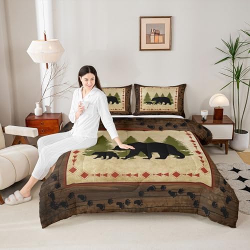 Rustic Farmhouse King Size Bear Paw Print Comforter Set - Wild Bear Bedding, Nature Woodland Decor, Down Comforter & Duvet Insert in Brown & Green - Image 4